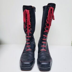 Women’s ESPACE Black Leather Boots with Decorative Red Lacing, 9 M